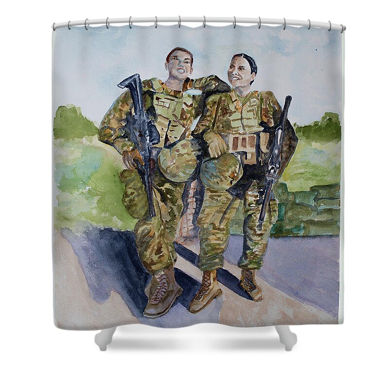 Soldier Shower Curtain featuring the painting Girls' Day Out by Barbara F Johnson