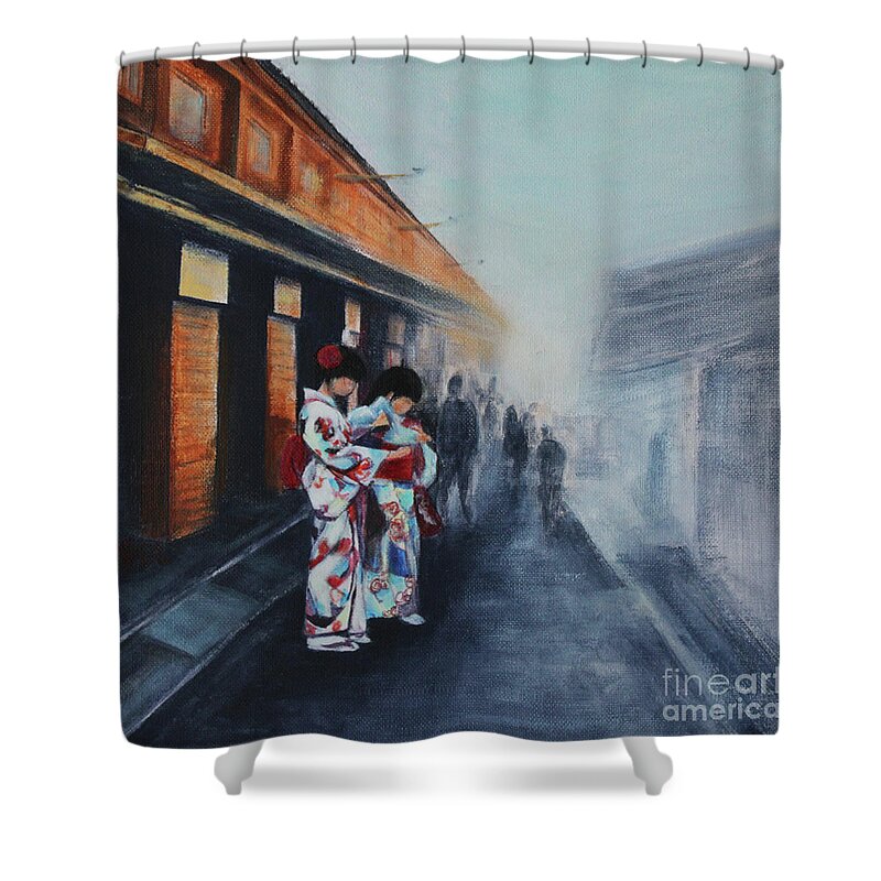 Girls In Kimono Shower Curtain featuring the painting Girls In Kimono by Jane See