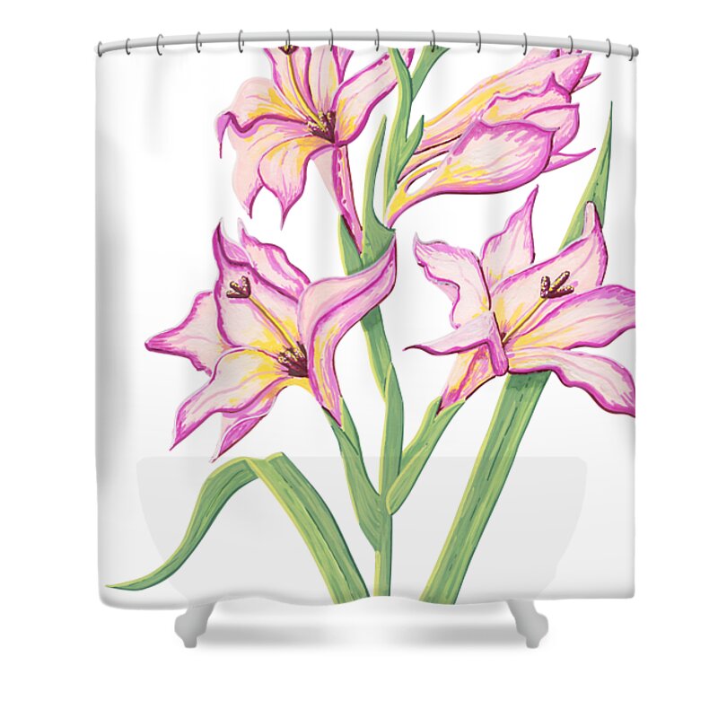 Gladiolus Shower Curtain featuring the painting Gladiolus August Birth Month Flower Botanical Print on White - Art by Jen Montgomery by Jen Montgomery