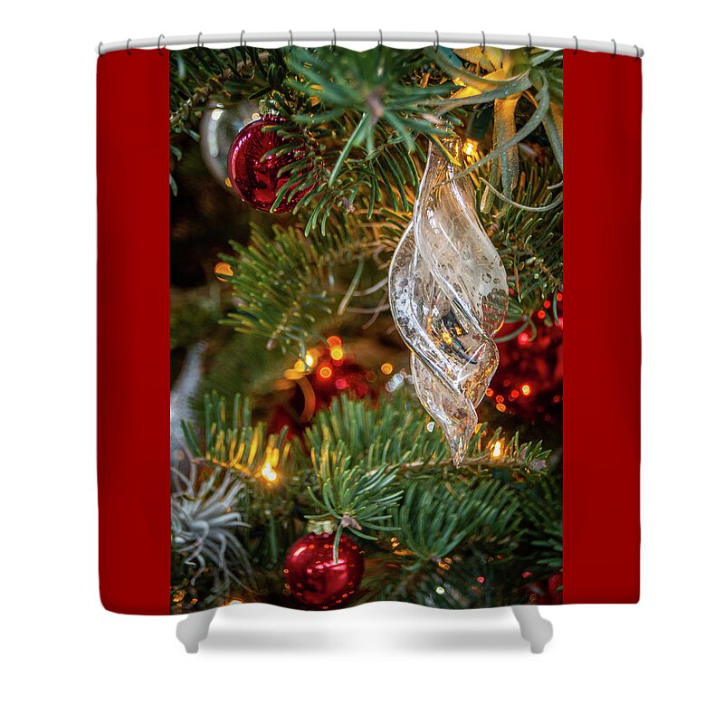 Winter Shower Curtain featuring the photograph Glass and Red Christmas Ornaments by Kristia Adams