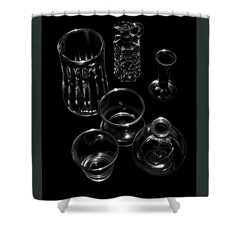 Black Shower Curtain featuring the digital art Glassware 1 by Don Morgan