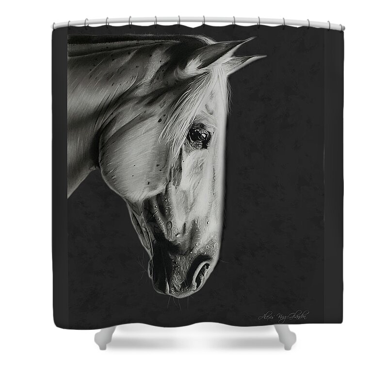 Horse Shower Curtain featuring the drawing Gleam in Gray by Alexis King-Glandon