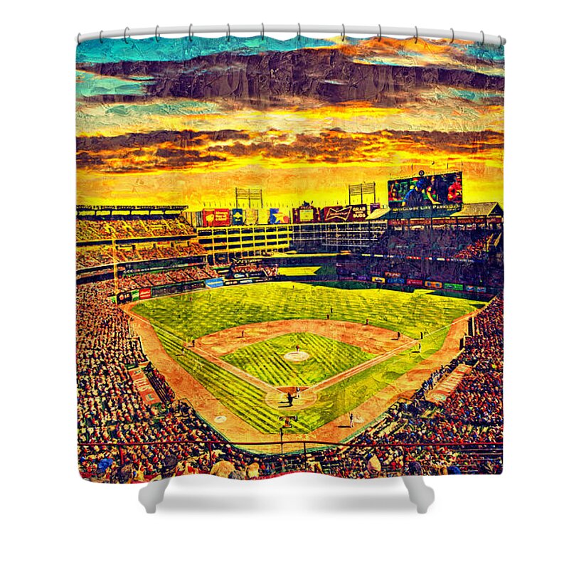 Globe Life Park Shower Curtain featuring the digital art Globe Life Park in Arlington, Texas, at sunset - digital painting by Nicko Prints
