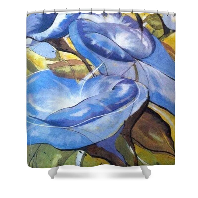 Morning Glories Shower Curtain featuring the mixed media Glorious Morning Glories by Eleatta Diver