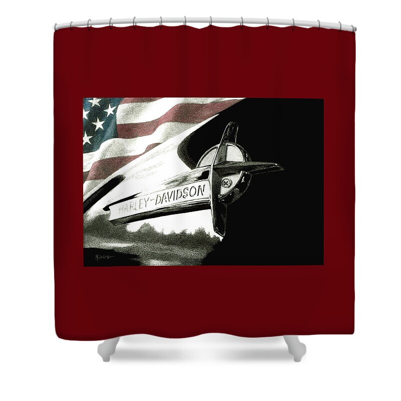 Motorcycle Shower Curtain featuring the drawing Glory and Power by Ann Ranlett