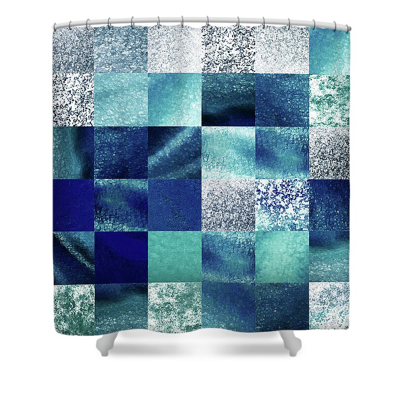Quilt Shower Curtain featuring the painting Glowing Teal Blue Gray Watercolor Squares Art Mosaic Quilt by Irina Sztukowski