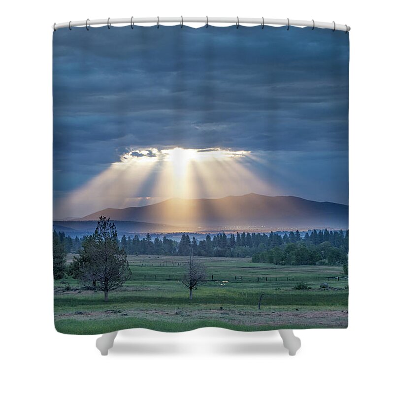 Crepuscular Shower Curtain featuring the photograph God Rays by Randy Robbins