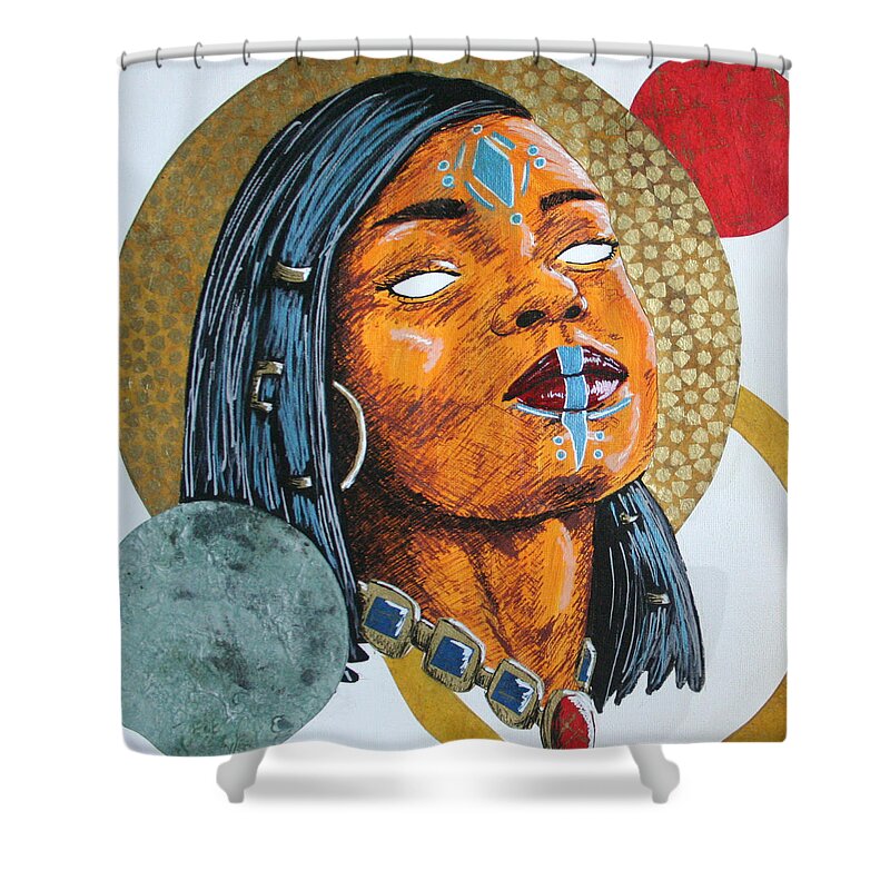 Black Shower Curtain featuring the mixed media Goddess Ashanti by Edmund Royster