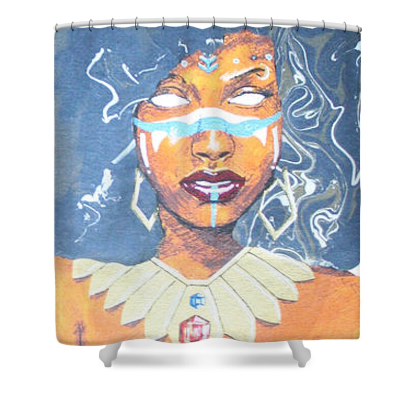Black Shower Curtain featuring the mixed media Goddess Bilquis by Edmund Royster