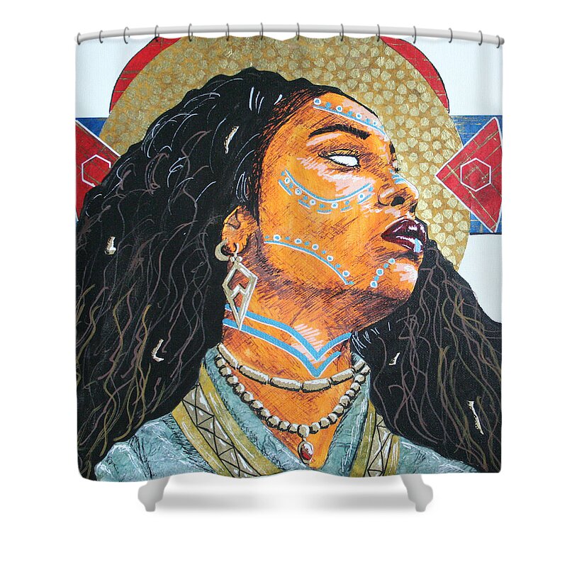 Black Shower Curtain featuring the mixed media GoddessObba of The River by Edmund Royster