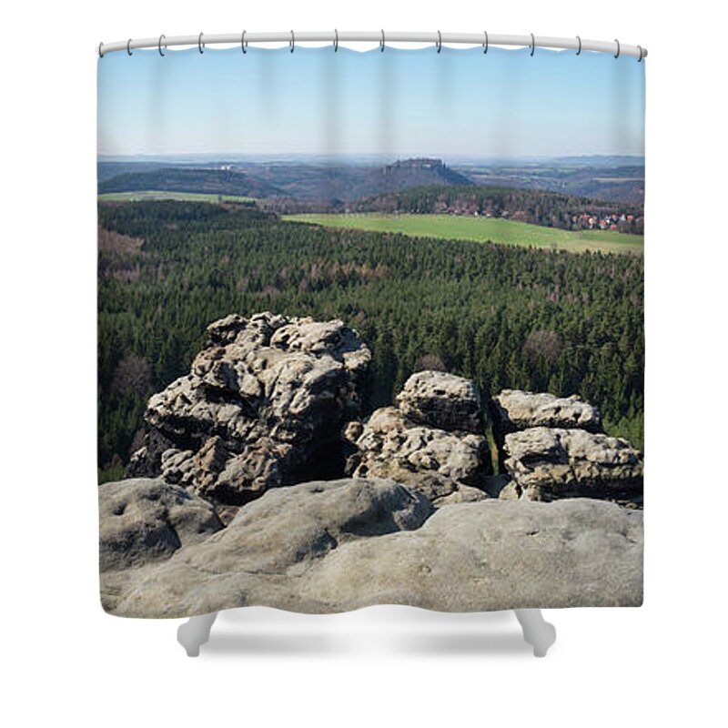 Saxon Switzerland Shower Curtain featuring the photograph Gohrisch, mountain panorama in Saxon Switzerland by Adriana Mueller