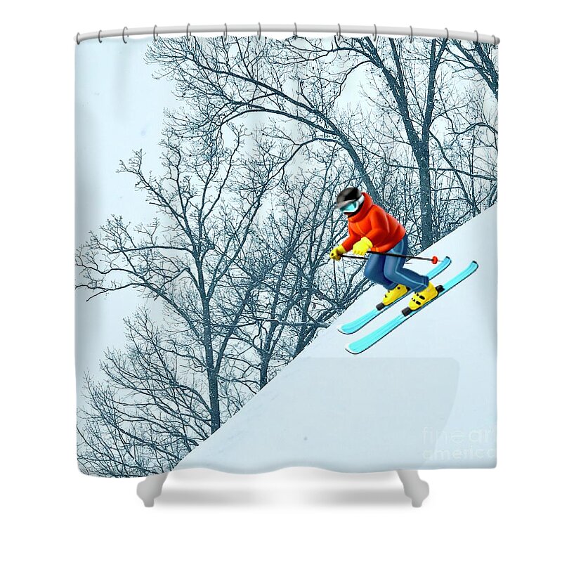 Skier Shower Curtain featuring the digital art Going Out for Donuts by Karen Francis