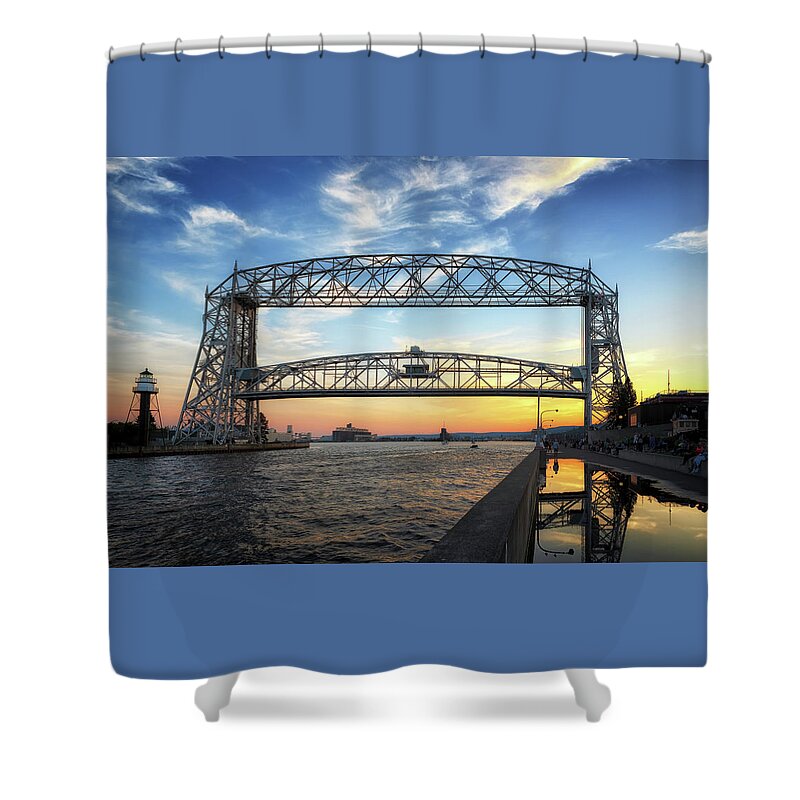 Aerial Lift Bridge Shower Curtain featuring the photograph Going Up - Duluth Aerial Lift Bridge by Susan Rissi Tregoning