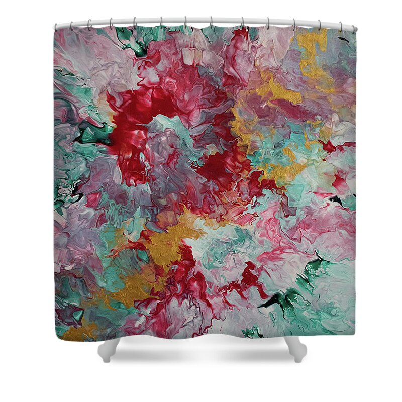 Pour Shower Curtain featuring the mixed media Gold and Rose by Aimee Bruno