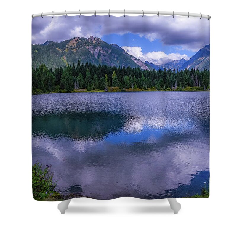 Gold Creek Pond; Cascade Mountains; Pond; Pine Trees; Landscape; Nature; Mount Baker Snoqualmie National Forest Shower Curtain featuring the photograph Gold Creek Pond Serenity by Emerita Wheeling