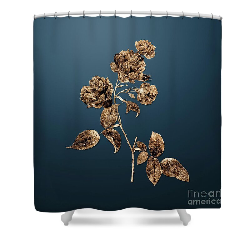Gold Shower Curtain featuring the painting Gold Red Cabbage Rose in Bloom on Dusk Blue n.00307 by Holy Rock Design