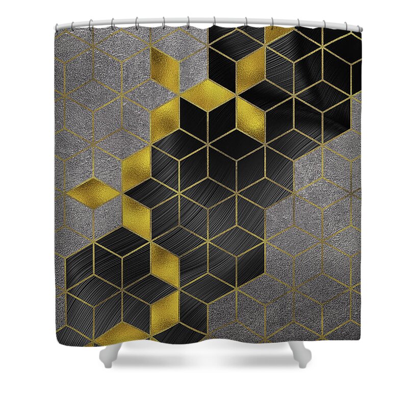 Abstract Shower Curtain featuring the digital art Gold With The Flow Geometric Modern Marble by Sambel Pedes