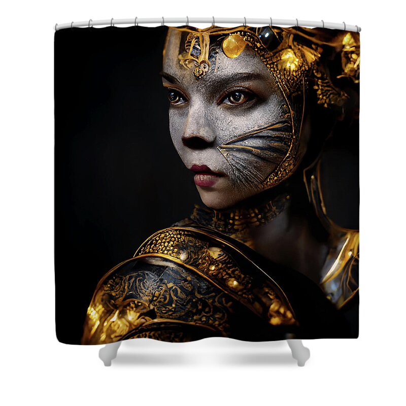 Women Warriors Shower Curtain featuring the digital art Golda the Exotic Cat Warrior Queen by Peggy Collins