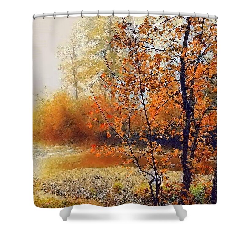 Autumn Shower Curtain featuring the mixed media Golden Autumn Trees by Claudia Zahnd-Prezioso