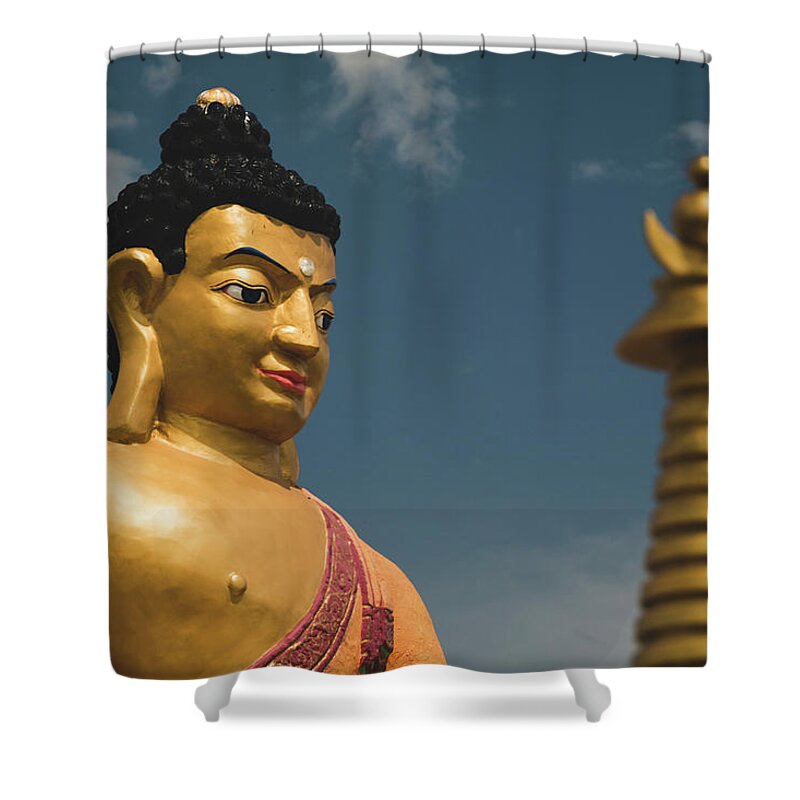 Buddha Shower Curtain featuring the photograph Golden Buddha by Martin Vorel Minimalist Photography