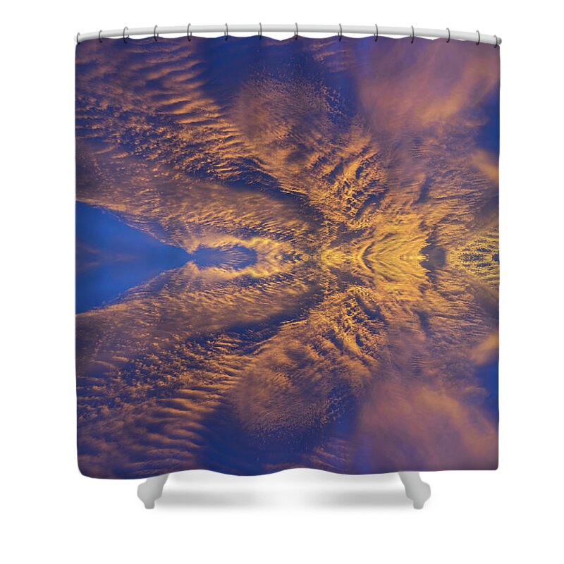 Clouds Shower Curtain featuring the digital art Golden clouds in the dark blue sky, guardian angel by Adriana Mueller