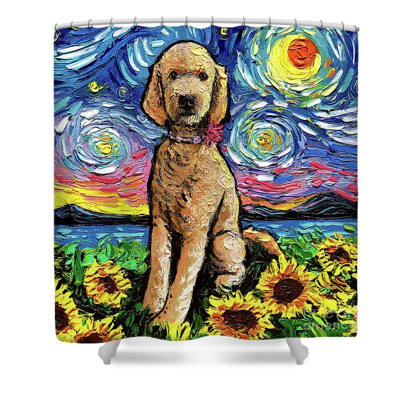 Golden Doodle Shower Curtain featuring the painting Golden Doodle Night 2 by Aja Trier