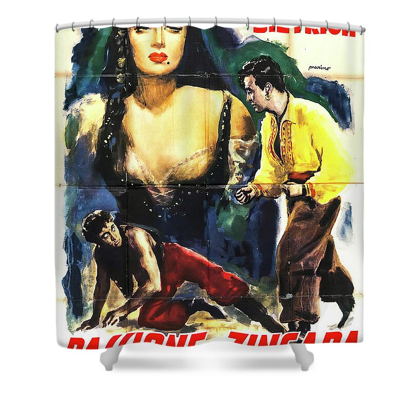 Synopsis Shower Curtain featuring the mixed media ''Golden Earrings'', 1947 by Movie World Posters