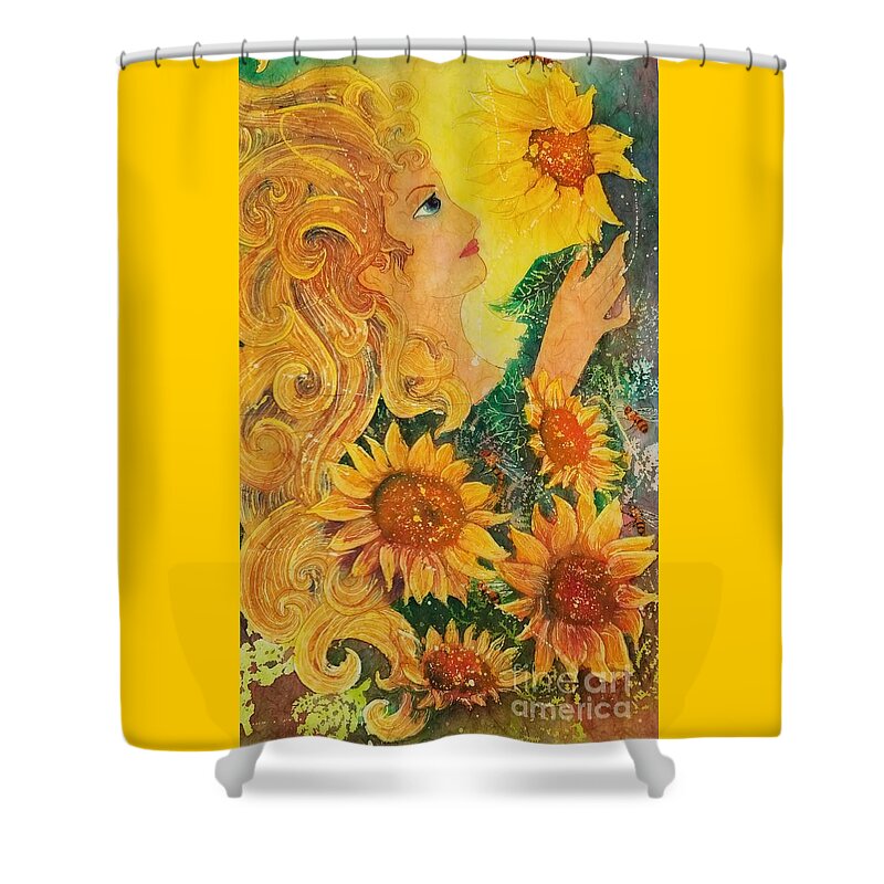 Sunflowers Shower Curtain featuring the painting Golden Garden Goddess by Carol Losinski Naylor