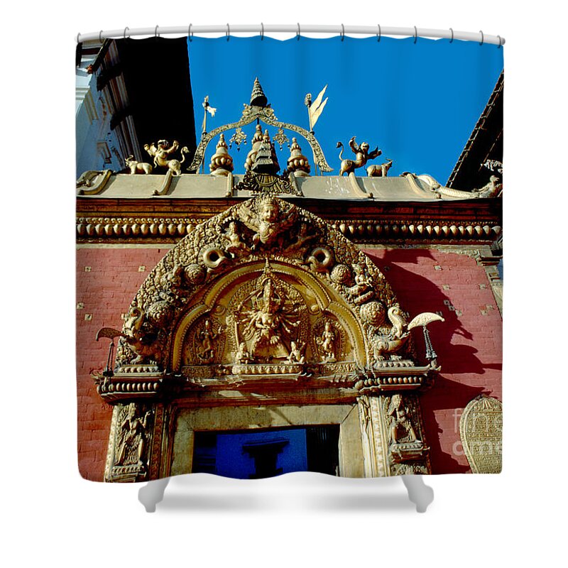 Golden Gate Shower Curtain featuring the photograph Golden Gate entrance to the Taleju Temple Complex in Bhaktapur by Wernher Krutein