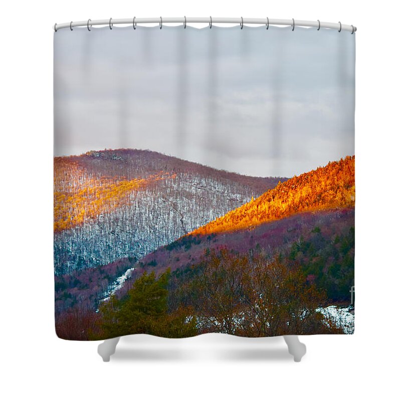 Vermont Shower Curtain featuring the photograph Golden Hour Snowy Spring Hills Vermont by Debra Banks