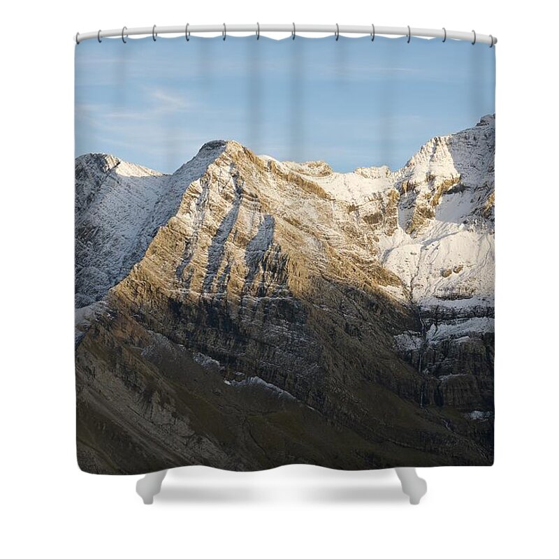 Gavarnie Shower Curtain featuring the photograph Golden Light hits the snow capped peaks of Astazou and Pic de Marbore by Stephen Taylor