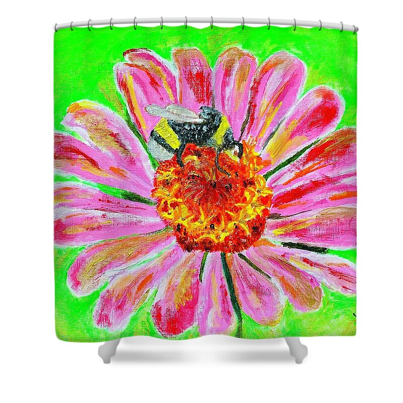 Flower Shower Curtain featuring the painting Bee on Flower by Melody Fowler
