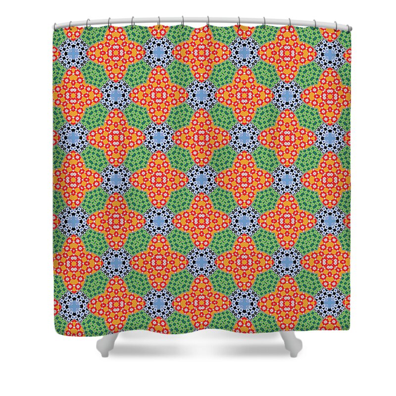 Floral Shower Curtain featuring the digital art Golden Orange Red Green and Blue Abstract by Marianne Campolongo