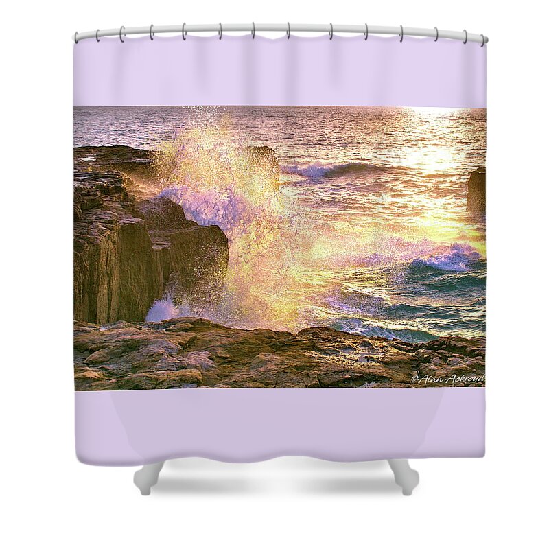 Rocks Shower Curtain featuring the photograph Golden Sea Spray by Alan Ackroyd