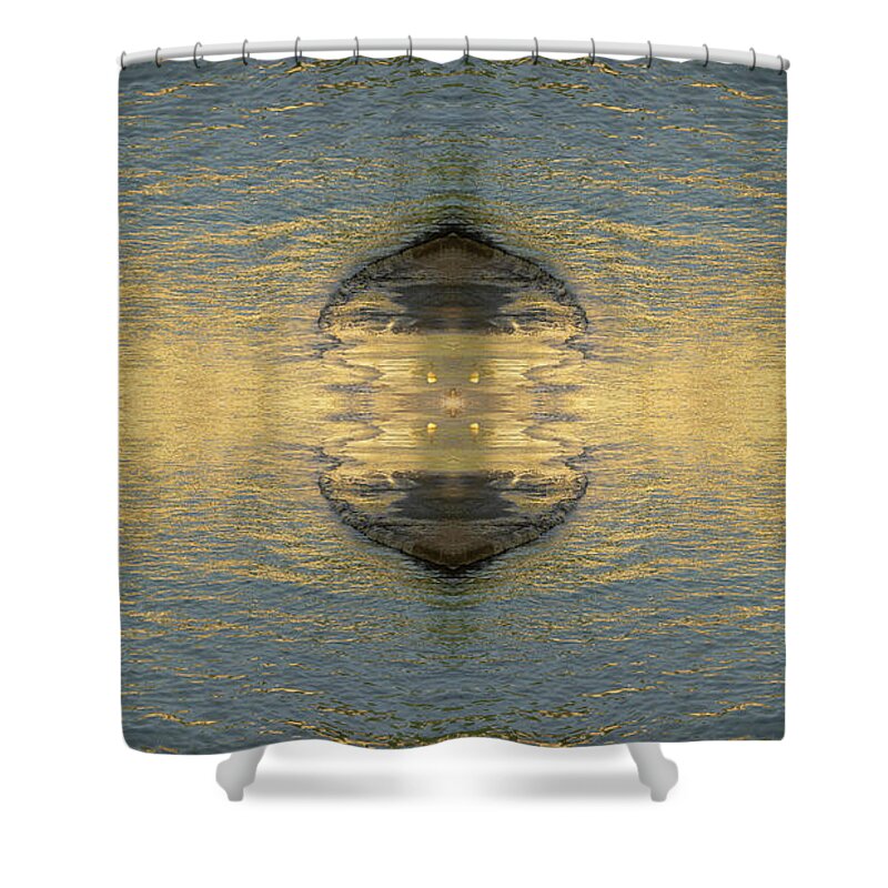 Sea Water Shower Curtain featuring the photograph Golden sea water at sunrise, mirrored water surface by Adriana Mueller