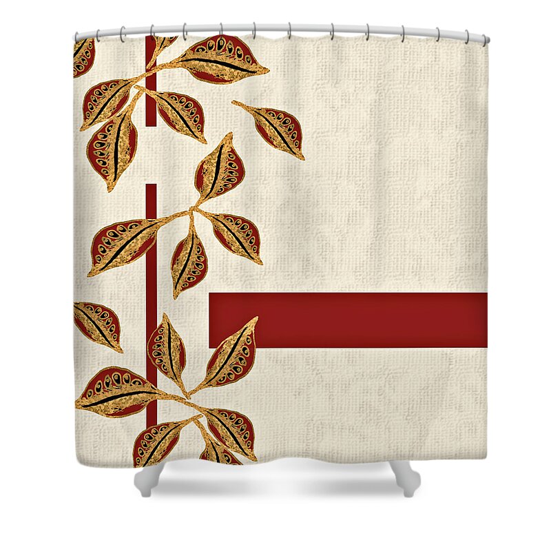 Gold Shower Curtain featuring the digital art Golden Seed Pods Red Bar by Sand And Chi