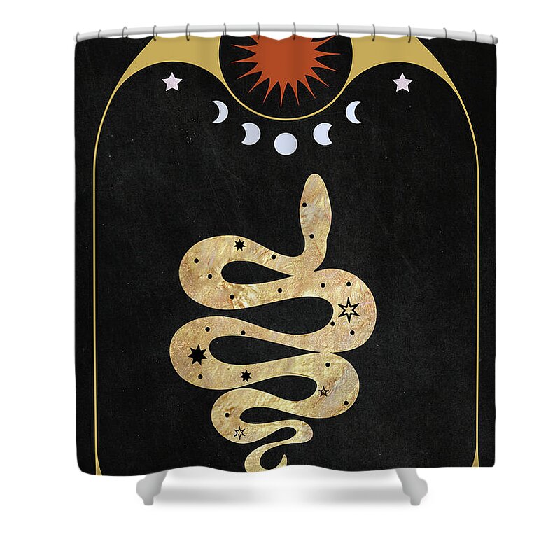 Golden Serpent Shower Curtain featuring the painting Golden Serpent Magical Animal Art by Garden Of Delights
