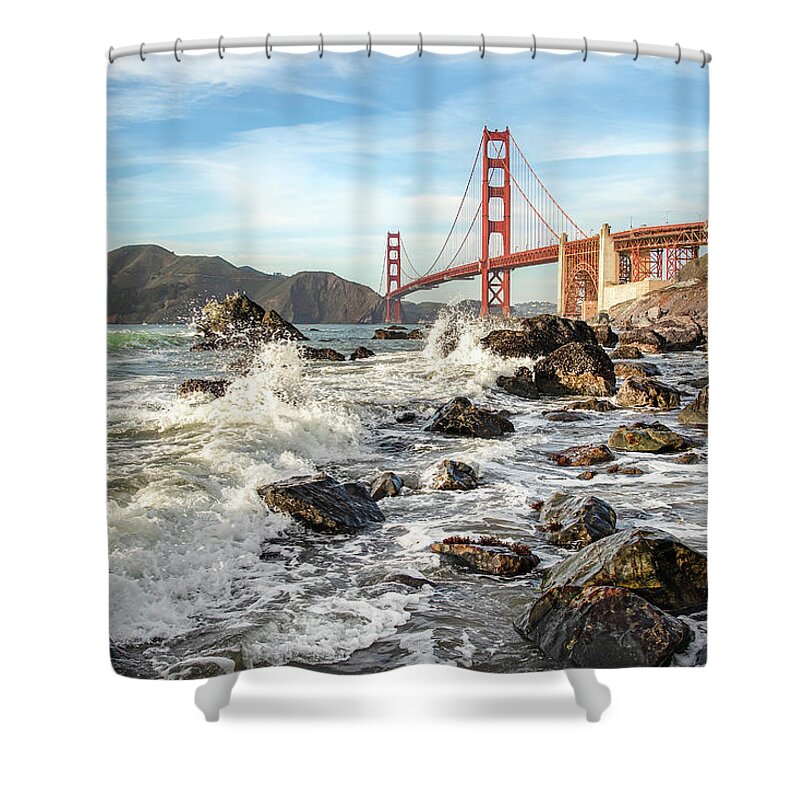 Golden Gate Bridge Shower Curtain featuring the photograph Golden Splash by Gary Geddes