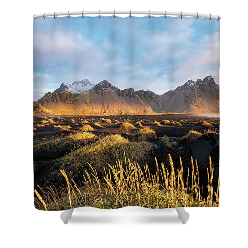 Vestrahorn Shower Curtain featuring the photograph Golden Sunrise at Vestrahorn by Alexios Ntounas