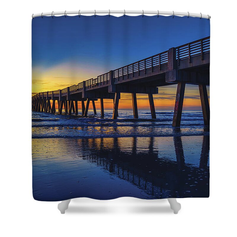Jacksonville Beach Shower Curtain featuring the photograph Golden Sunrise Reflection at the Jacksonville Beach Pier by Kim Seng