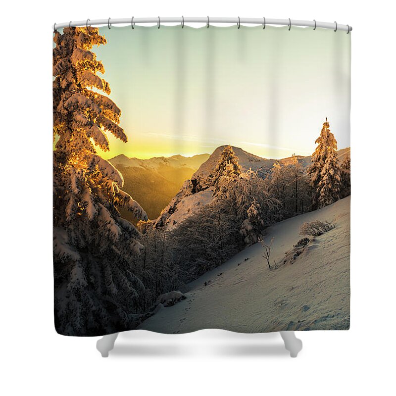 Balkan Mountains Shower Curtain featuring the photograph Golden Winter by Evgeni Dinev
