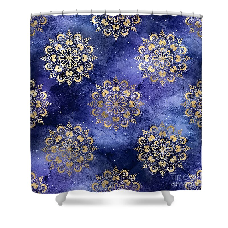 Watercolor Shower Curtain featuring the digital art Goleva - Blue Gold Watercolor Mandala Galaxy Dharma Pattern by Sambel Pedes
