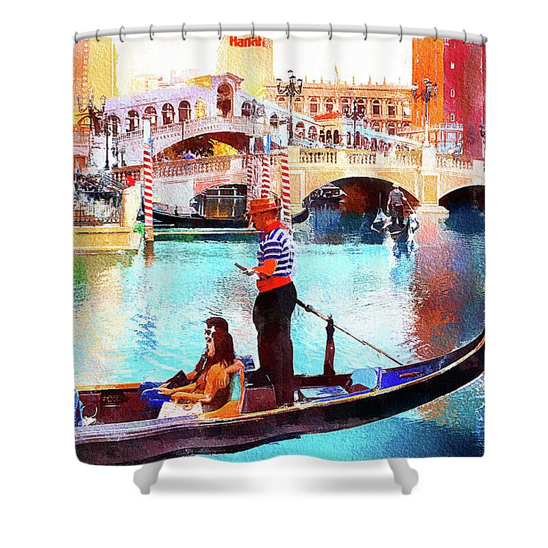 Venetian Shower Curtain featuring the mixed media Gondola rides at the Venetian Las Vegas by Tatiana Travelways