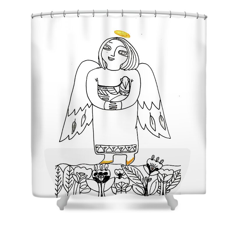 Russian Artists New Wave Shower Curtain featuring the drawing Good Angel Drawing Series 1 by Tatiana Koltachikhina