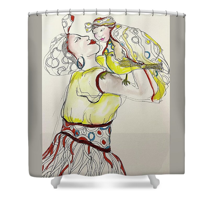 Mother. Child Shower Curtain featuring the drawing Good Morning by Rosalinde Reece