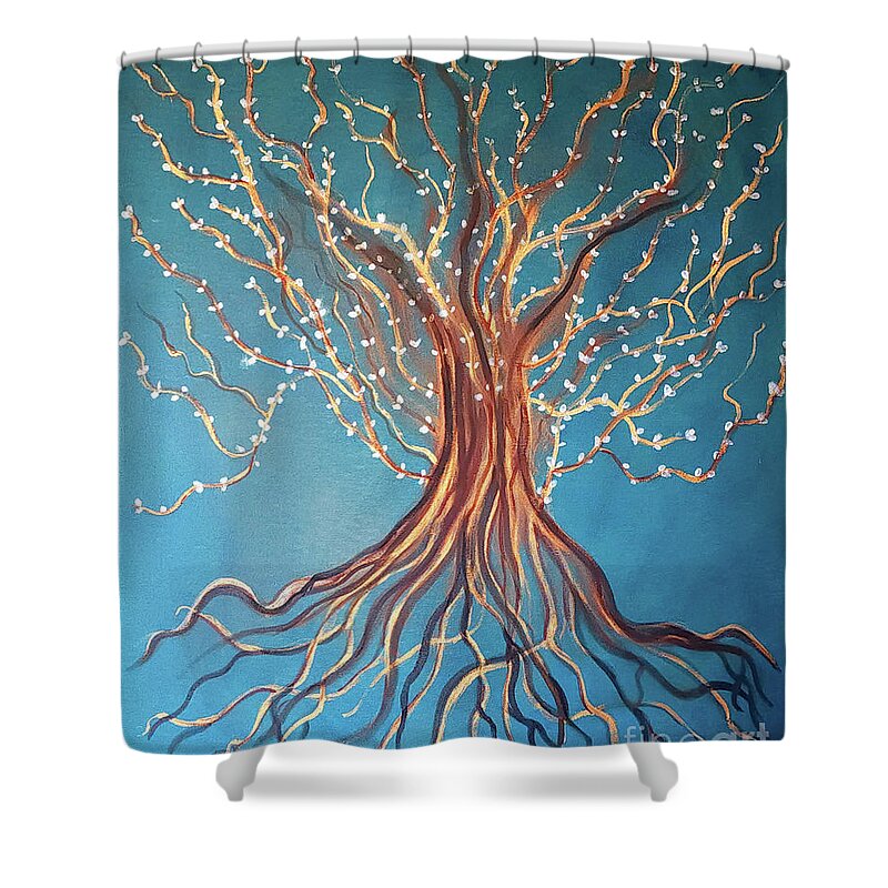 Tree Shower Curtain featuring the painting Good Roots Bear Fruits by Artist Linda Marie
