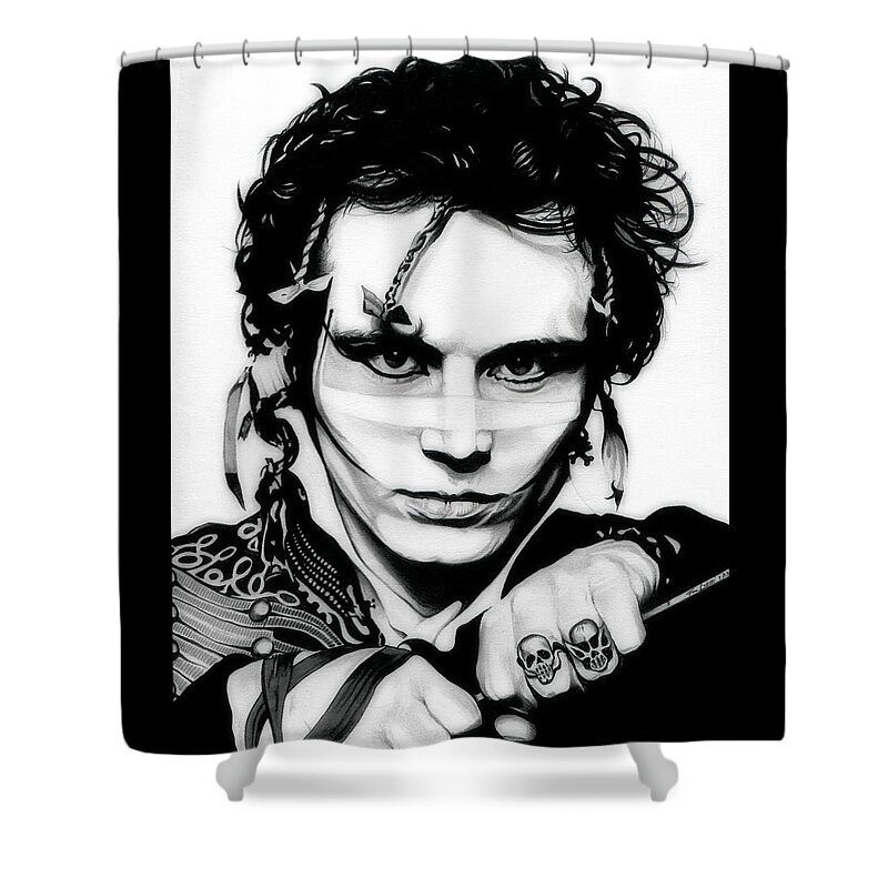 Adam Ant Shower Curtain featuring the drawing Goody two shoes - Adam Ant - Original Black and White Edition by Fred Larucci