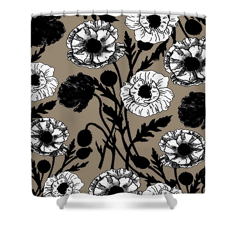 Poppies Shower Curtain featuring the painting Gorgeous Black And White Ink Poppies On Vintage Retro Beige Botanical Pattern Flowers by Irina Sztukowski
