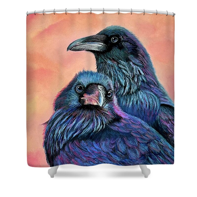 Ravens Shower Curtain featuring the pastel Got your back by Lyn DeLano