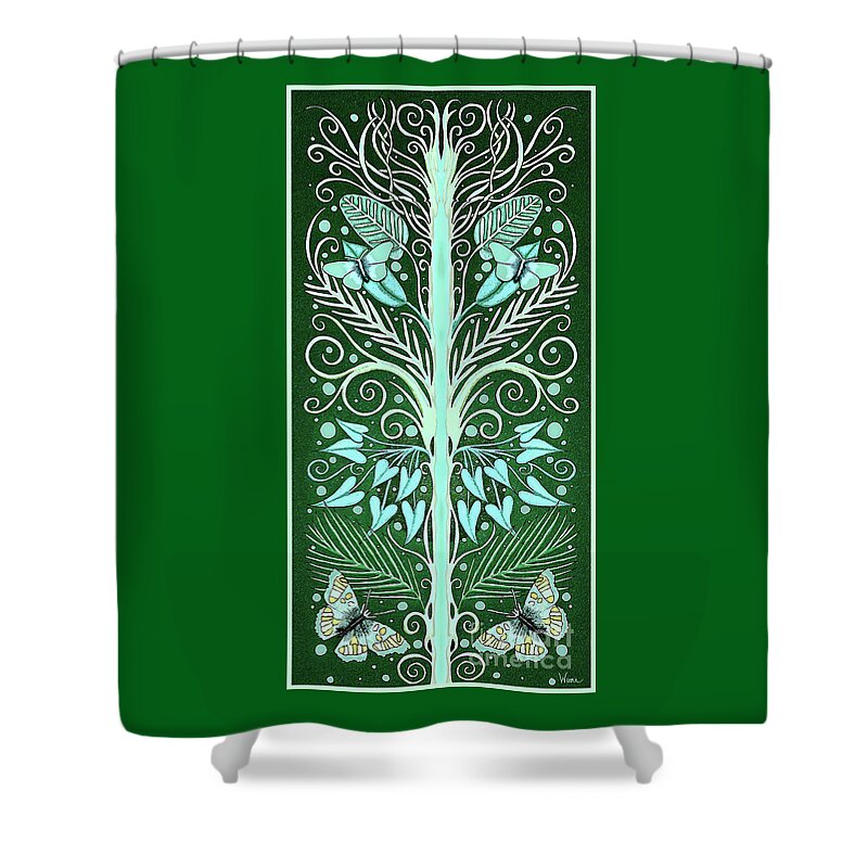 Gothic Shower Curtain featuring the mixed media Gothic French Style Tree with Turquoise and Mint Colored Butterflies and Leaves by Lise Winne